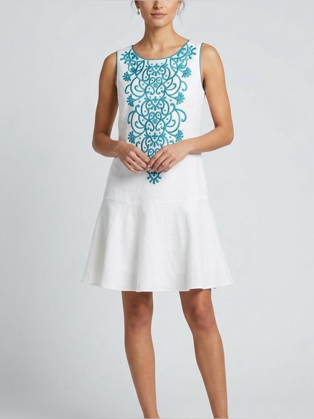 Jessica Howard NWT White & Teal Blue Embroidered Drop Waist Dress Size 8